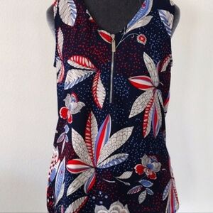 Roz Ali Floral Tank Top Zip V Neck Sleeveless Blouse Red White Blue Medium